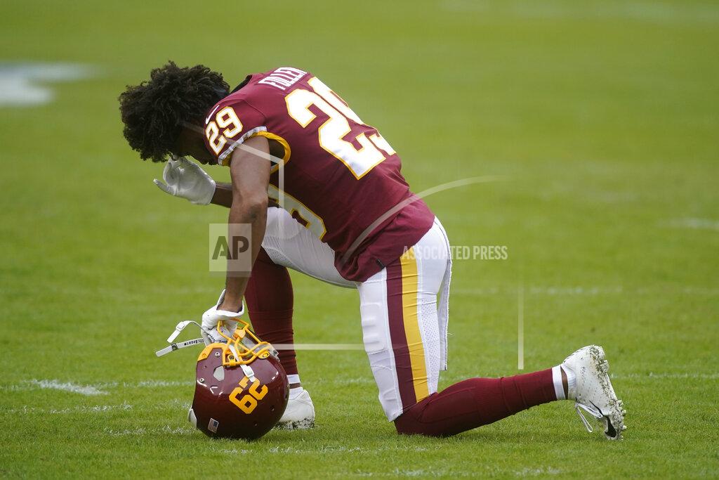 Al Drago Washington Football Team cornerback Kendall Fuller (29) on the field before the start of an NFL football game against the Dallas Cowboys, Sunday, Oct. 25, 2020, in Landover, Md. (AP Photo/Al Drago)