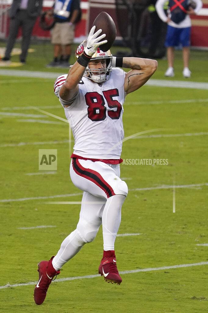Tony Avelar San Francisco 49ers tight end George Kittle (85) runs toward the end zone to score a touchdown against the Los Angeles Rams during the first half of an NFL football game in Santa Clara, Calif., Sunday, Oct. 18, 2020. (AP Photo/Tony Avelar)