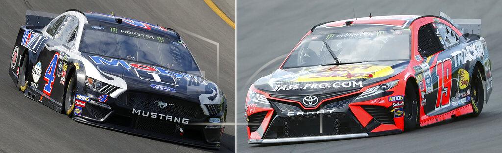 Uncredited FILE - At left, in an Aug. 11, 2019, file photo, Kevin Harvick races out of Turn 1 during a NASCAR Cup Series auto race at Michigan International Speedway in Brooklyn, Mich. At right, in an Aug. 3, 2019, file photo, Martin Truex Jr. (19) heads into Turn 1 during practice for the NASCAR Cup Series auto race at Watkins Glen International, in Watkins Glen, N.Y. One race to go to set NASCAR's championship field and the final four is shaping up to be a repeat of last year. Martin Truex Jr. and Kevin Harvick are already in, while Kyle Busch and Joey Logano are above the cutline headed into Sunday's race at ISM Raceway outside of Phoenix. (AP Photo/File)