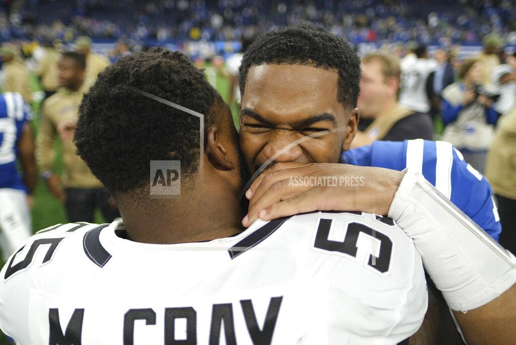 Aj Mast Indianapolis Colts quarterback Jacoby Brissett, right, talks with Jacksonville Jaguars' Lerentee McCray following an NFL football game, Sunday, Nov. 17, 2019, in Indianapolis. (AP Photo/AJ Mast)