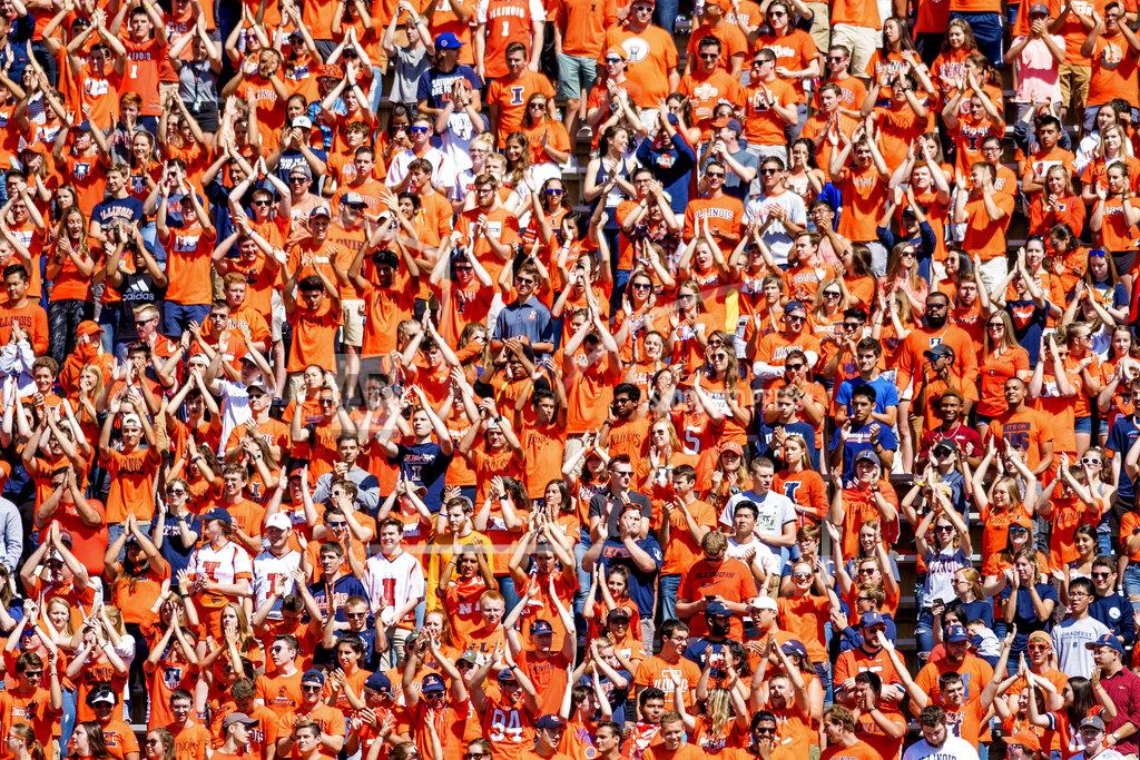 FILE - In this Sept. 2, 2017, file photo, the Illinois student section cheers during a home opener NCAA college football game against Ball State, at Memorial Stadium in Champaign, Ill.
When Illinois opens its season at home Saturday against Kent State, a streak will be broken no matter the outcome. Illinois is coming off a 10-game losing streak and hopes to take advantage of a moribund Kent State team picked to finish last in its conference to extend a 20-game home-opener win streak. (AP Photo/Bradley Leeb, File)