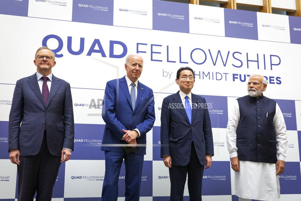 Yuichi Yamazaki From left, Australian Prime Minister Anthony Albanese, U.S. President Joe Biden, Japanese Prime Minister Fumio Kishida and Indian Prime Minister Narendra Modi attend the Japan-U.S.-Australia-India Fellowship Founding Celebration event in Tokyo Tuesday, May 24, 2022. (Yuichi Yamazaki/Pool Photo via AP)