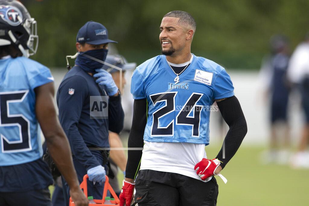Tennessee Titans strong safety Kenny Vaccaro (24) takes a break during NFL football training camp Friday, Aug. 14, 2020, in Nashville, Tenn. (George Walker IV/Pool Photo via AP)