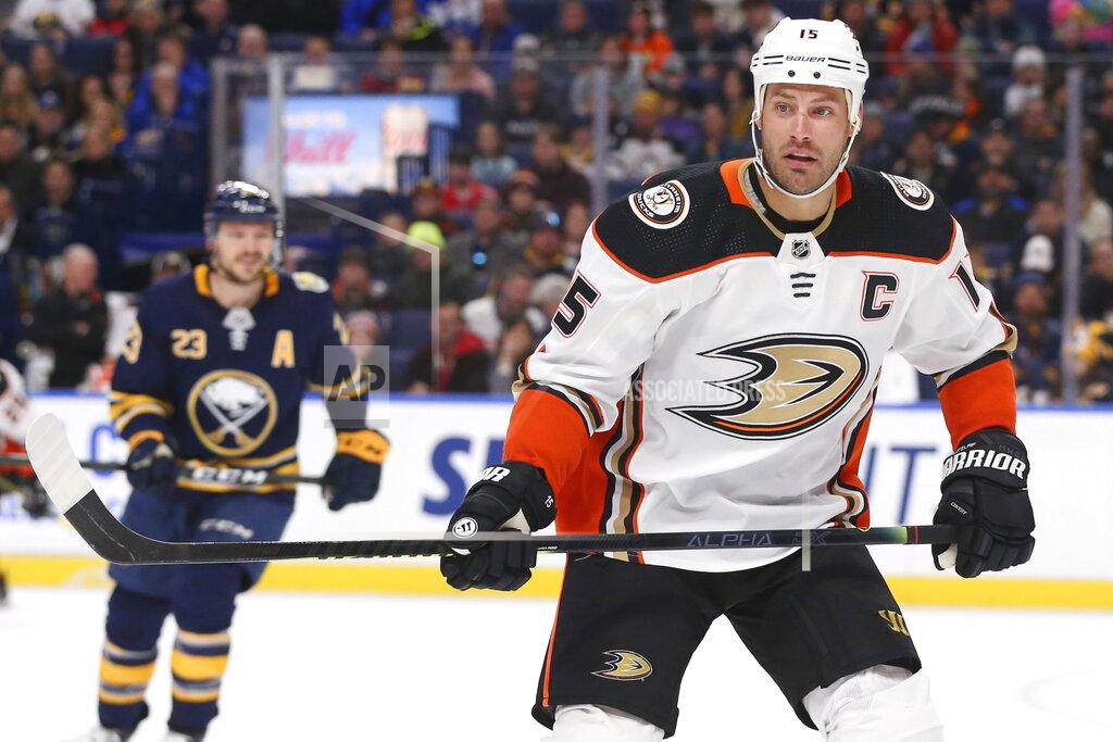 Jeffrey T. Barnes FILE - Anaheim Ducks forward Ryan Getzlaf (15) skates during the first period of an NHL hockey game against the Buffalo Sabres in Buffalo, in this Sunday, Feb. 9, 2020, file photo. Captain Ryan Getzlaf is back along with goalie John Gibson and much of the same veteran core that struggled last season.(AP Photo/Jeffrey T. Barnes, File)