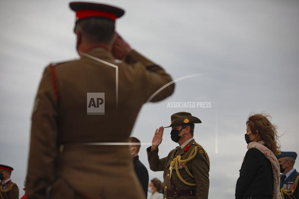 Emrah Gurel Dignitaries and military personnel attend a ceremony to commemorate soldiers who died during the World War I campaign on the Gallipoli peninsula, in Canakkale, Turkey, Saturday, April 24, 2021, a day ahead of the 106th anniversary of the Gallipoli Campaign.The Gallipoli Campaign of 1915 by Allied forces aimed to take control of the peninsula to weaken the Ottoman Empire. The campaign failed and Allied forces withdrew after eight months of fighting on the ground and some 250,000 casualties on both sides. The memorials were kept small due to the COVID-19 pandemic.(AP Photo/Emrah Gurel)