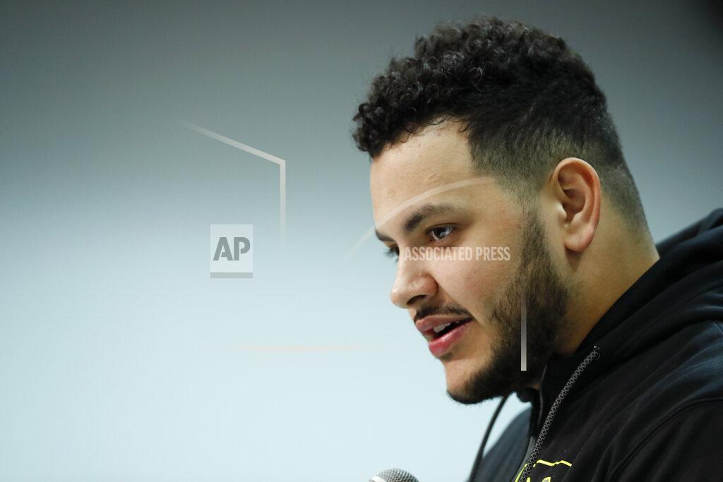 Charlie Neibergall Ohio State offensive lineman Jonah Jackson speaks during a press conference at the NFL football scouting combine in Indianapolis, Wednesday, Feb. 26, 2020. (AP Photo/Charlie Neibergall)