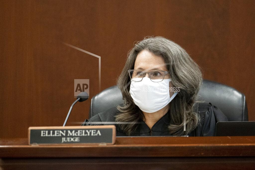Ben Gray Judge Ellen McElyea listens during the plea hearing for spa shooting suspect Robert Aaron Long in Superior Court of Cherokee County in Canton, Ga. on Tuesday, July 27, 2021. The man accused of killing eight people, most of them women of Asian descent, at Atlanta-area massage businesses pleaded guilty to four of the murders. He was handed four sentences of life without parole. Robert Aaron Long still faces the death penalty in the four other deaths, which are being prosecuted in a different county. (Ben Gray/Atlanta Journal-Constitution via AP, Pool)