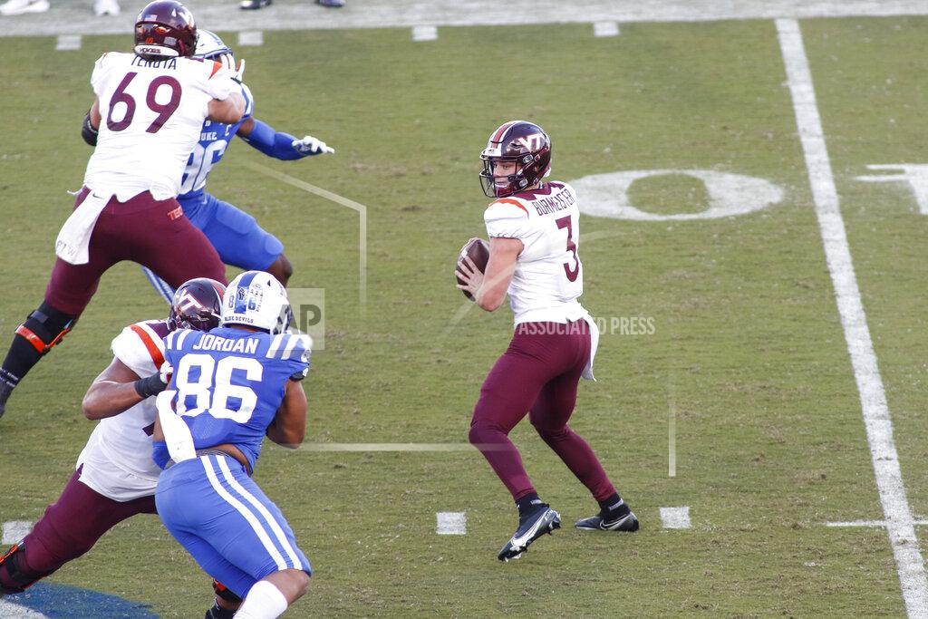 Nell Redmond Virginia Tech quarterback Braxton Burmeister (3) looks to pass against Duke during the first half of an NCAA college football game, Saturday, Oct. 3, 2020, in Durham, N.C. (Nell Redmond/Pool Photo via AP)