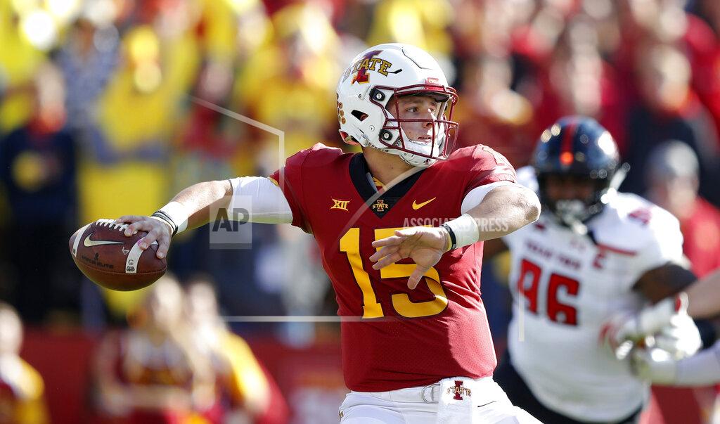 Charlie Neibergall FILE - In this Oct. 27, 2018, file photo, Iowa State quarterback Brock Purdy looks to pass during the first half of an NCAA college football game against Texas Tech, in Ames, Iowa. Purdy had the best season by a true freshman quarterback in school history, posting a 7-2 record after taking over the starting job in early October. (AP Photo/Charlie Neibergall, File)