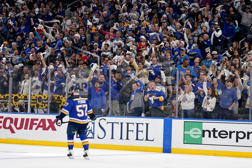 Jeff Roberson Fans cheer after a goal by St. Louis Blues' David Perron (57) during the first period in Game 4 of an NHL hockey Stanley Cup second-round playoff series between the St. Louis Blues and the Colorado Avalanche Monday, May 23, 2022, in St. Louis. (AP Photo/Jeff Roberson)