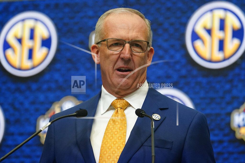 John Bazemore Southeastern Conference commissioner Greg Sankey speaks during SEC Media Days, Monday, July 18, 2022, in Atlanta. (AP Photo/John Bazemore)