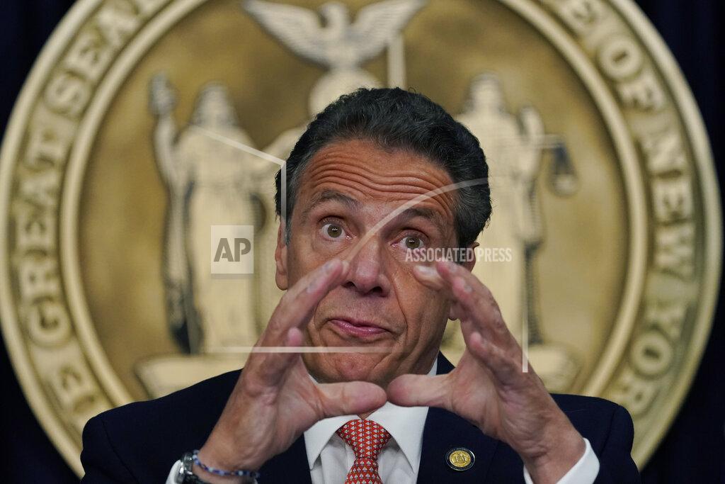 Timothy A. Clary Gov. Andrew Cuomo holds a news conference in New York on Monday, May, 3, 2021, to announce that capacity restrictions for most types of businesses will end statewide beginning May 19. (Timothy A. Clary/Pool via AP)