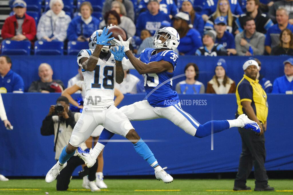 Aj Mast Indianapolis Colts' Pierre Desir makes in interception against Carolina Panthers' DeAndrew White (18) during the second half of an NFL football game, Sunday, Dec. 22, 2019, in Indianapolis. (AP Photo/AJ Mast)