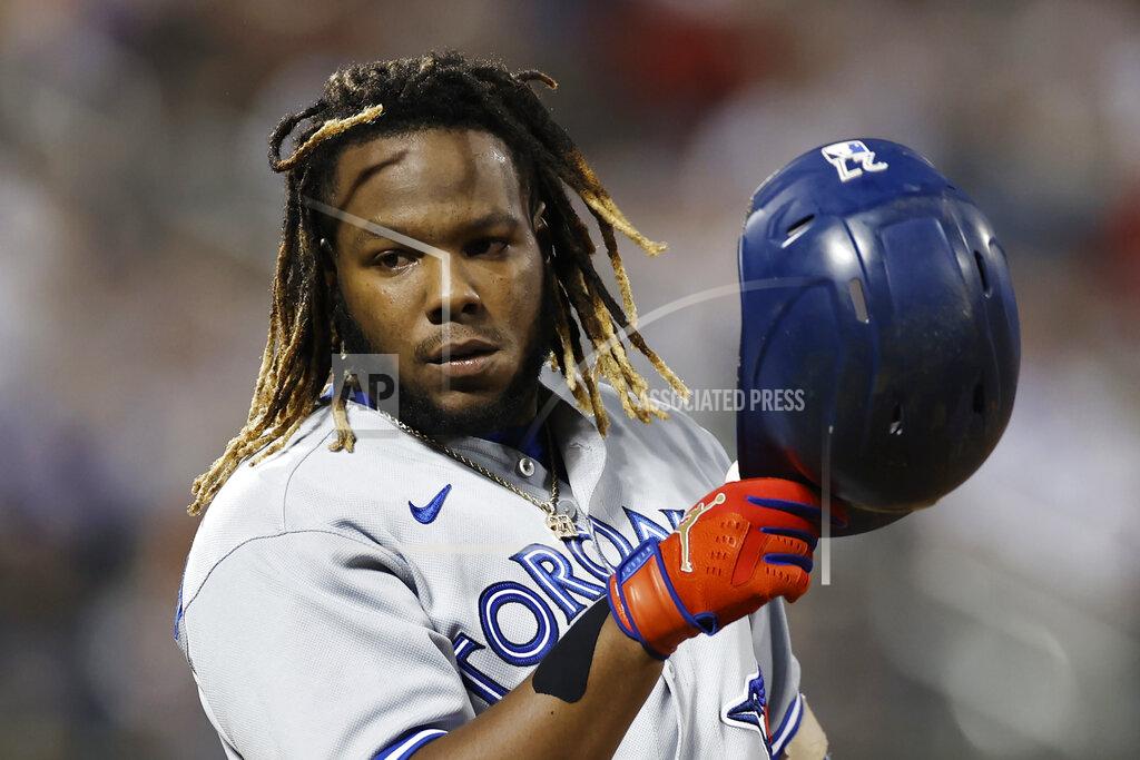 Adam Hunger Toronto Blue Jays' Vladimir Guerrero Jr. reacts after grounding out against the New York Mets during the sixth inning of a baseball game Friday, July 23, 2021, in New York. (AP Photo/Adam Hunger)