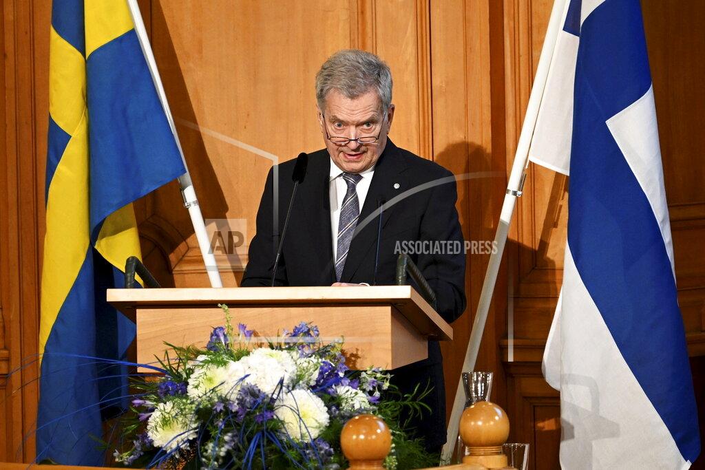 Anders Wiklund Finland's President Sauli Niinisto delivers a speach at the parliament Riksdagen in Stockholm Tuesday 17 May. Finland's President Sauli Niinistö and his wife Jenni Haukio are paying a two day long State Visit to Sweden at the invitation of His Majesty The King Carl Gustaf. (Anders Wiklund/TT News Agency via AP)