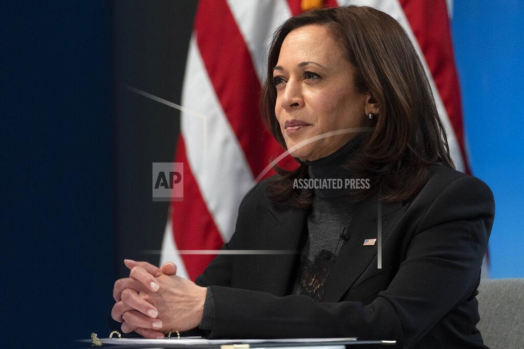 Jacquelyn Martin FILE _ In this Feb. 18, 2021, file photo, Vice President Kamala Harris holds a videoconference in Washington. Harris will address California Democratic Party activists on Saturday, May 1, 2021, her first time speaking at the party's annual convention as the second highest office holder in the country. She previously served as one of the state's U.S. senators. (AP Photo/Jacquelyn Martin, File)