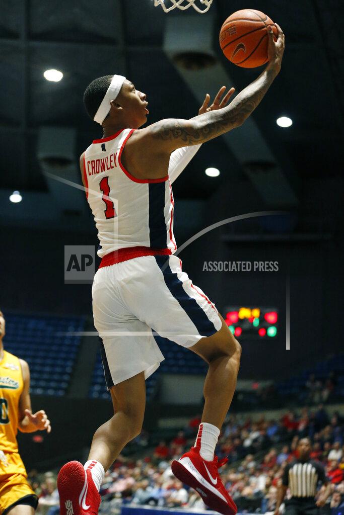 Rogelio V. Solis Mississippi guard Austin Crowley (1) scores on a layup against Southeastern Louisiana during the first half of an NCAA college basketball game, Saturday, Dec. 21, 2019, in Jackson, Miss. Mississippi won 83-76.(AP Photo/Rogelio V. Solis)