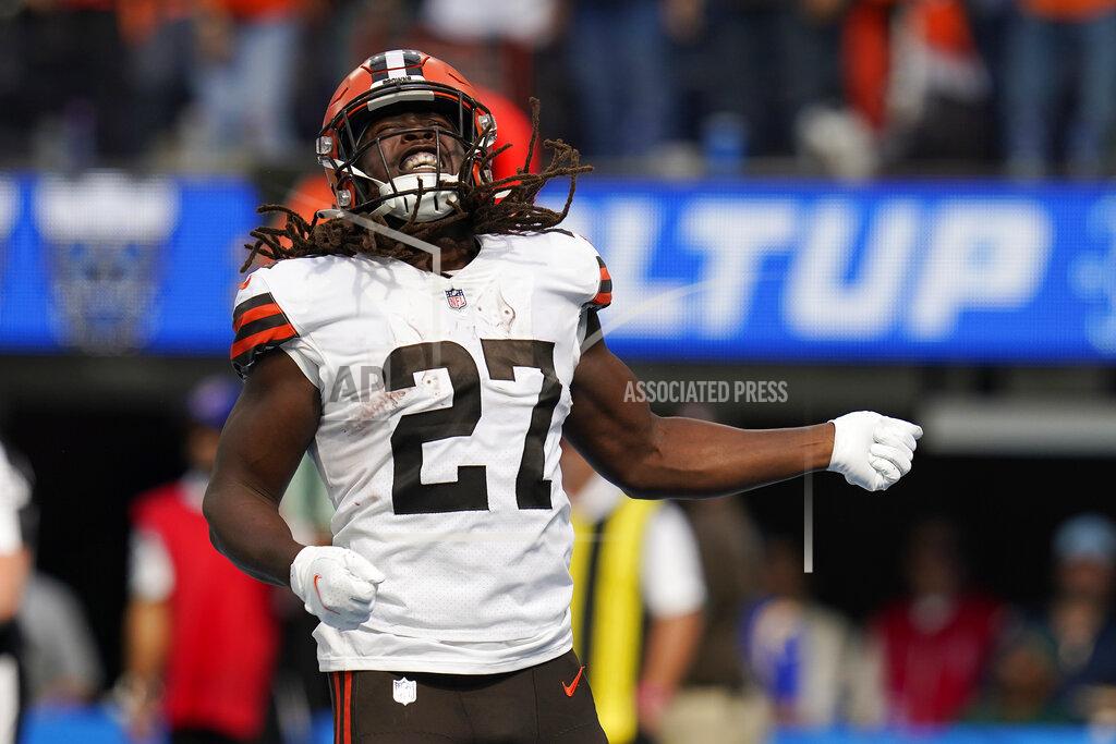 Gregory Bull Cleveland Browns running back Kareem Hunt (27) celebrates his rushing touchdown during the first half of an NFL football game against the Los Angeles Chargers Sunday, Oct. 10, 2021, in Inglewood, Calif. (AP Photo/Gregory Bull)
