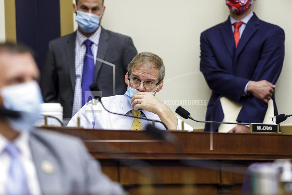 Graeme Jennings Rep. Jim Jordan, R-Ohio, listens during a House Judiciary subcommittee hearing on antitrust on Capitol Hill on Wednesday, July 29, 2020, in Washington. (Graeme Jennings/Pool via AP)
