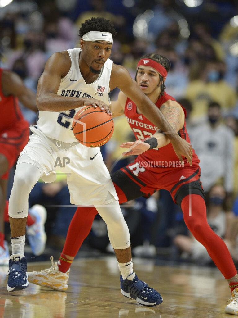 Gary M. Baranec Rutgers Caleb McConnell (22) pressures Penn State's Jalen Pickett (22) in the first half of an NCAA college basketball game Tuesday, Jan 11, 2022, in State College, Pa. (AP Photo/Gary M. Baranec)