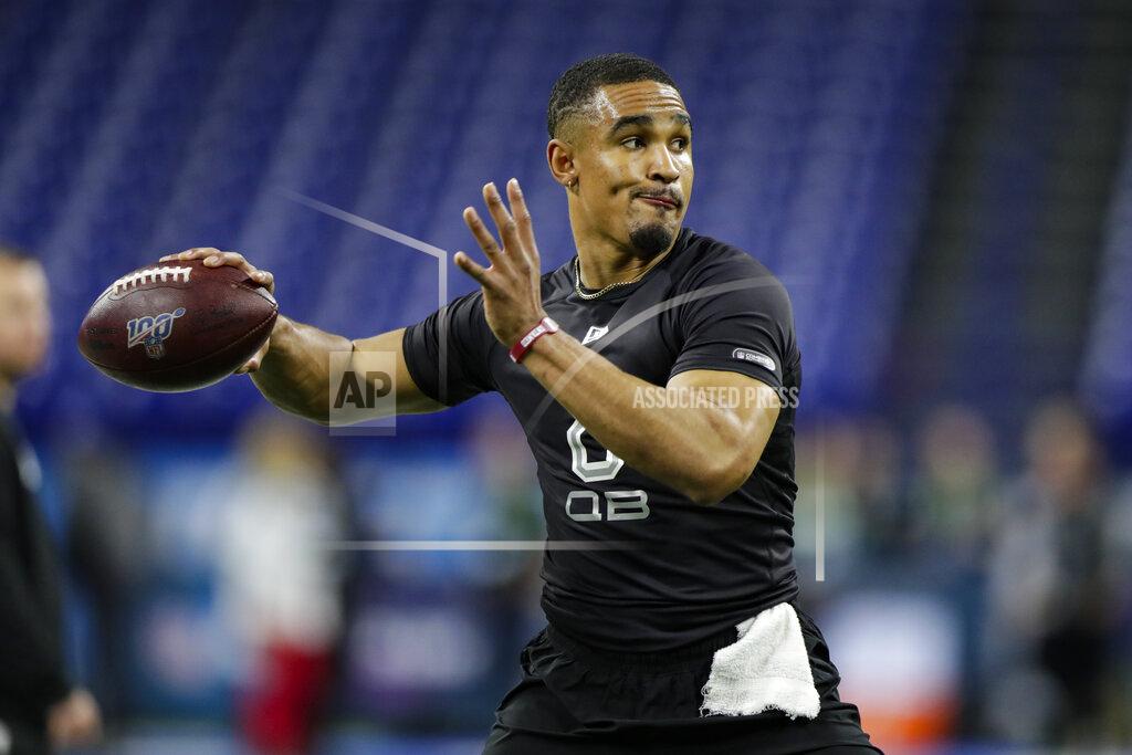 Michael Conroy Oklahoma quarterback Jalen Hurts runs a drill at the NFL football scouting combine in Indianapolis, Thursday, Feb. 27, 2020. (AP Photo/Michael Conroy)