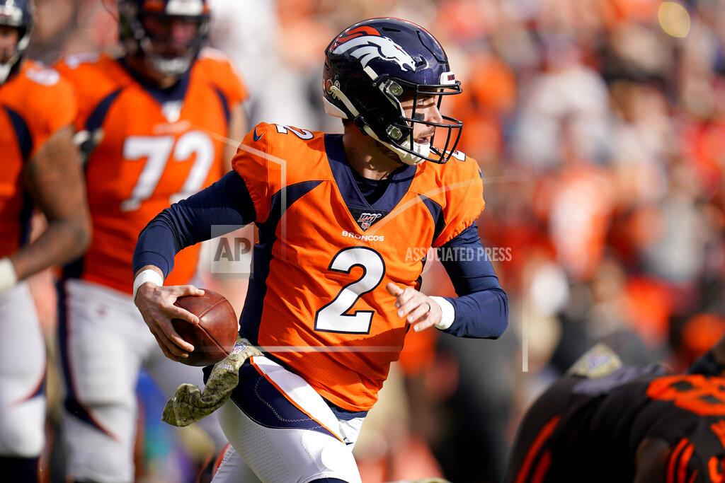 Jack Dempsey Denver Broncos quarterback Brandon Allen (2) scrambles against the Cleveland Browns during the first half of NFL football game, Sunday, Nov. 3, 2019, in Denver. (AP Photo/Jack Dempsey)