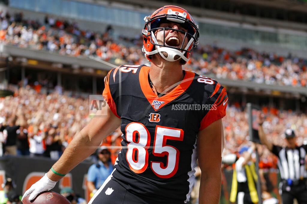 Frank Victores Cincinnati Bengals tight end Tyler Eifert (85) celebrates his touchdown during the first half an NFL football game against the San Francisco 49ers, Sunday, Sept. 15, 2019, in Cincinnati. (AP Photo/Frank Victores)