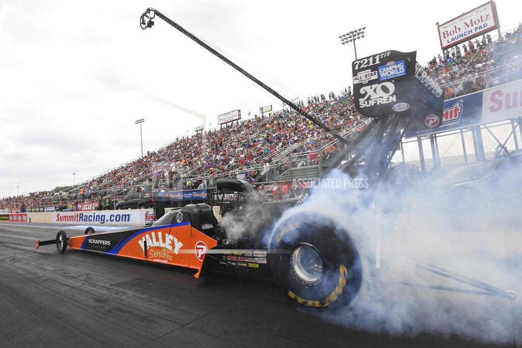 Marc Gewertz In this photo provided by the NHRA, Top Fuel's Mike Salinas wins for the fourth time of the season in his dragster to win at the Summit Racing Equipment NHRA Nationals at Summit Racing Equipment Motorsports Park in Norwalk, Ohio, Sunday, June 26, 2022. (Marc Gewertz/NHRA via AP)