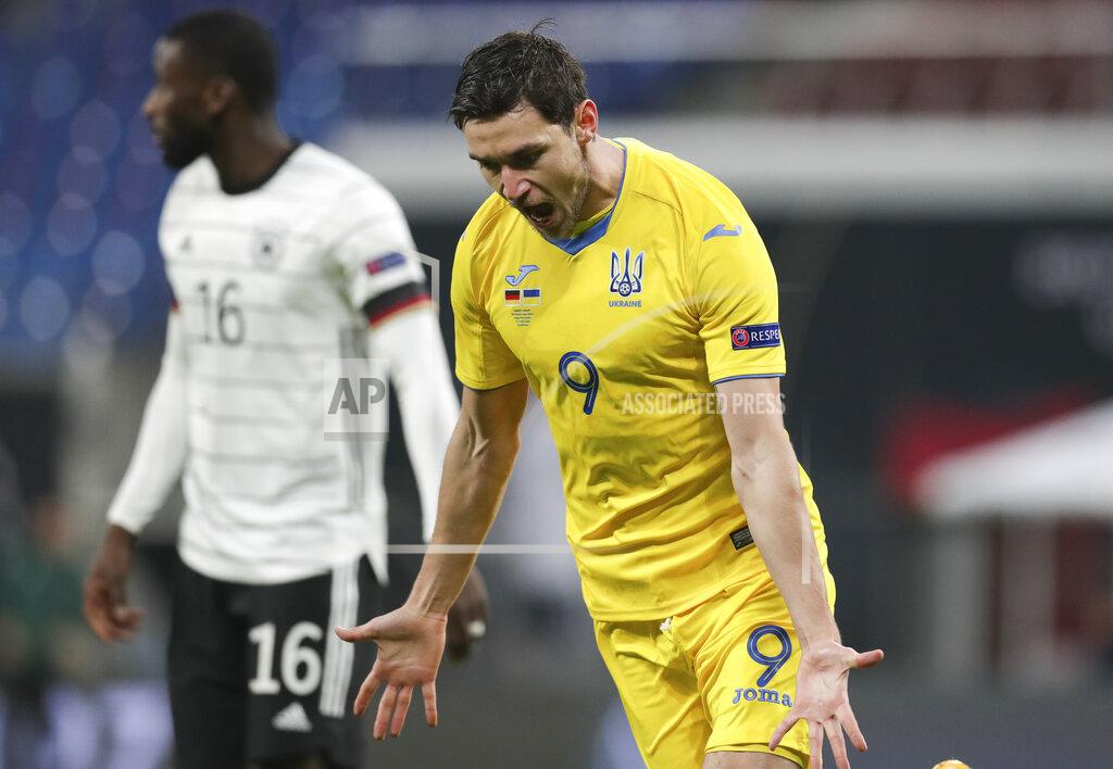 Michael Sohn Ukraine's Roman Jaremtschuk celebrates after scoring his team's first goal during the UEFA Nations League soccer match between Germany and the Ukraine at the Red Bull Arena in Leipzig, Germany, Saturday, Nov. 14, 2020. (AP Photo/Michael Sohn)