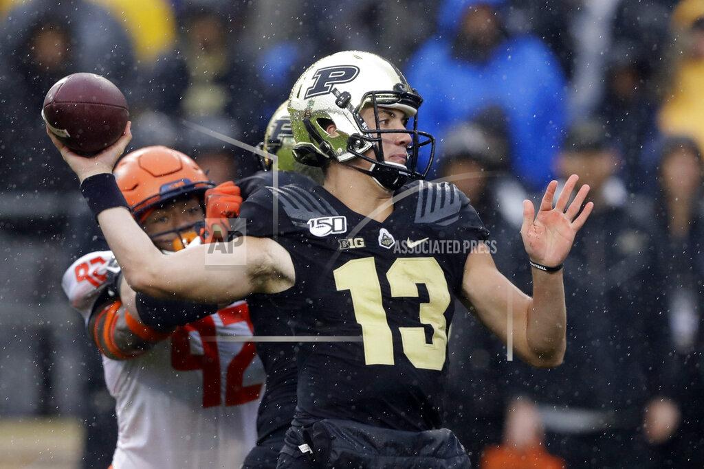 Darron Cummings Purdue quarterback Jack Plummer (13) throws during the first half of an NCAA college football game against the Illinois, Saturday, Oct. 26, 2019, in West Lafayette, Ind. (AP Photo/Darron Cummings)