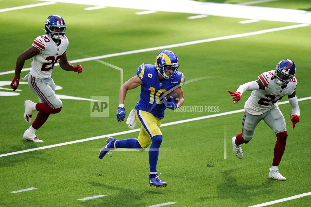 Jae C. Hong Los Angeles Rams wide receiver Cooper Kupp (10) runs for a touchdown past New York Giants free safety Julian Love, left, and cornerback James Bradberry (24) during the second half of an NFL football game Sunday, Oct. 4, 2020, in Inglewood, Calif. (AP Photo/Jae C. Hong)