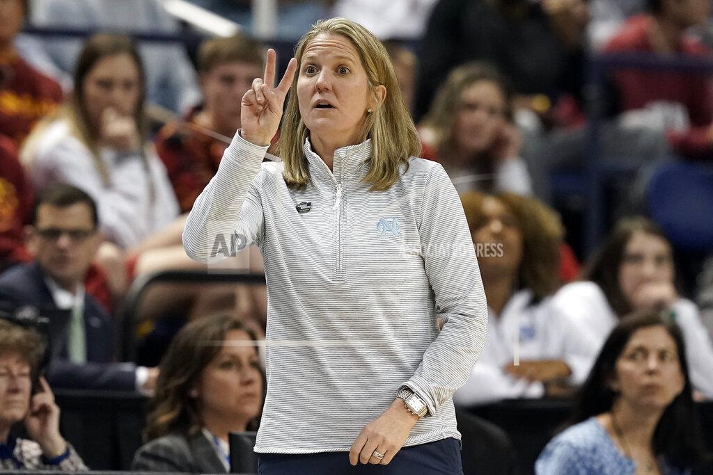 Gerry Broome North Carolina head coach Courtney Banghart directs her players during the first half of a college basketball game against South Carolina in the Sweet 16 round of the NCAA tournament in in Greensboro, N.C., Friday, March 25, 2022. (AP Photo/Gerry Broome)