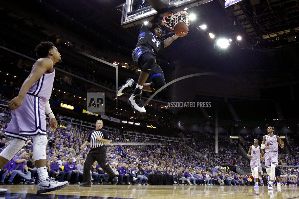 Charlie Riedel Saint Louis' Terrence Hargrove Jr. (22) dunks during the second half of an NCAA college basketball game against Kansas State, Saturday, Dec. 21, 2019, in Kansas City, Mo. (AP Photo/Charlie Riedel)