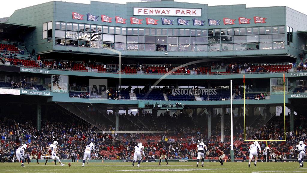 Yale's Devin Moore (87) winds up for the opening kick-off against Harvard during an NCAA college football game at Fenway Park in Boston, Saturday, Nov. 17, 2018. (AP Photo/Charles Krupa)