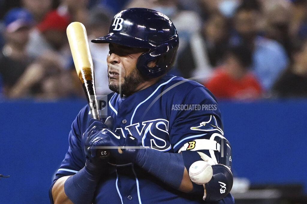 Jon Blacker Tampa Bay Rays' Nelson Cruz is hit by a pitch from Toronto Blue Jays pitcher Jose Berrios during the sixth inning of a baseball game Tuesday, Sept. 14, 2021, in Toronto. (Jon Blacker/The Canadian Press via AP)