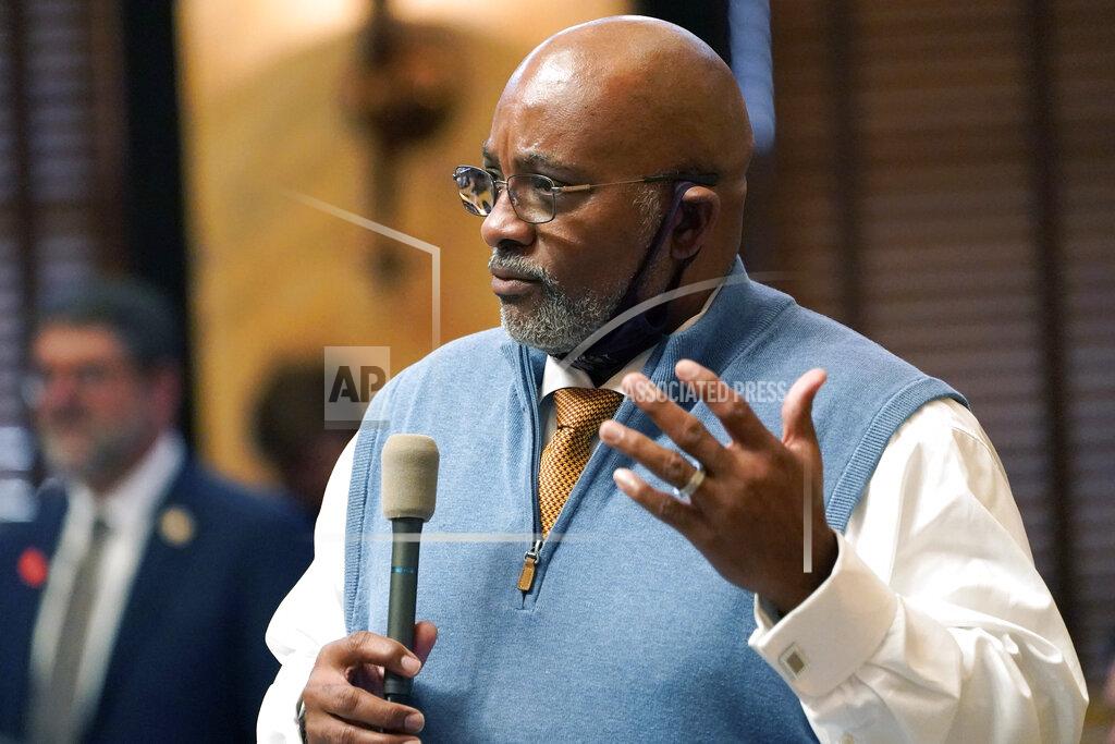 Rogelio V. Solis Rep. John Hines, D-Greenville, asks a question on the specifics of a bill in the House Chamber at the Capitol in Jackson, Miss., Tuesday, March 30, 2021. (AP Photo/Rogelio V. Solis)