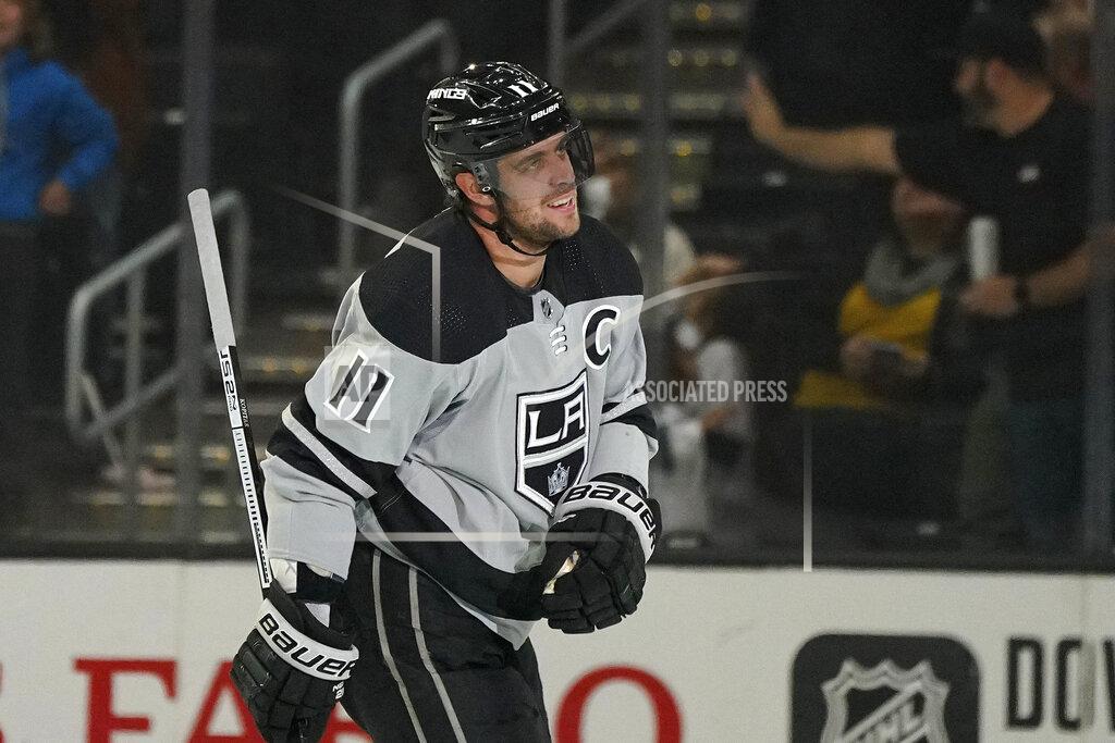 Mark J. Terrill FILE - Los Angeles Kings center Anze Kopitar skates back to his bench after scoring during the first period of an NHL hockey game against the Minnesota Wild in Los Angeles, in this Saturday, March 7, 2020, file photo. If the Kings are going to take that next step, they need to capitalize on scoring chances. (AP Photo/Mark J. Terrill, File)