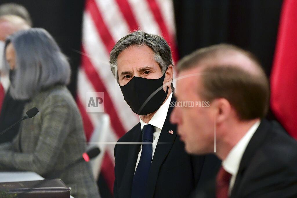 Frederic J. Brown Secretary of State Antony Blinken, second from right, listens as national security adviser Jake Sullivan, right, speaks at the opening session of US-China talks at the Captain Cook Hotel in Anchorage, Alaska, Thursday, March 18, 2021. (Frederic J. Brown/Pool via AP)