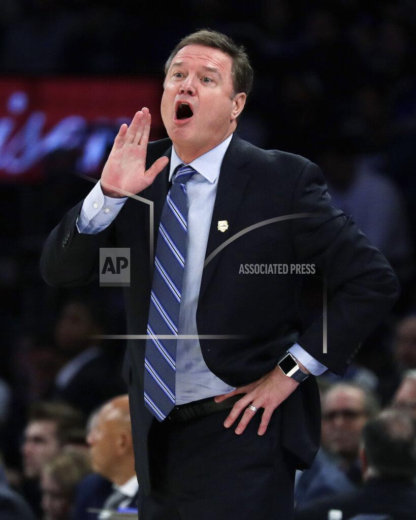 Kansas coach Bill Self shouts to his team during the second half of an NCAA college basketball game against Duke on Tuesday, Nov. 5, 2019, in New York. (AP Photo/Adam Hunger)