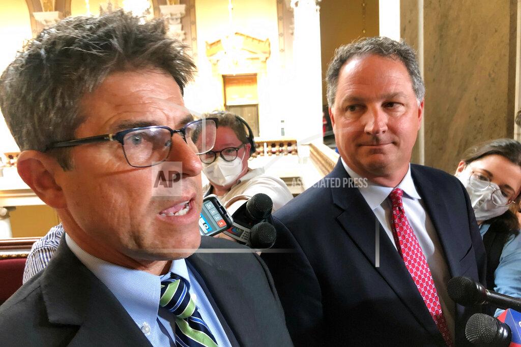 Tom Davies Indiana Senate President Pro Tem Rodric Bray, R-Martinsville, left, speaks with reporters alongside Indiana House Speaker Todd Huston, R-Fishers, at the Statehouse in Indianapolis on Tuesday, May 24, 2022. Bray said he would vote Tuesday to override Gov. Eric Holcomb’s veto of a bill banning transgender females from competing in girls school sports, calling it “a matter of simple fairness” despite the threats of court challenges to the law. (AP Photo/Tom Davies)