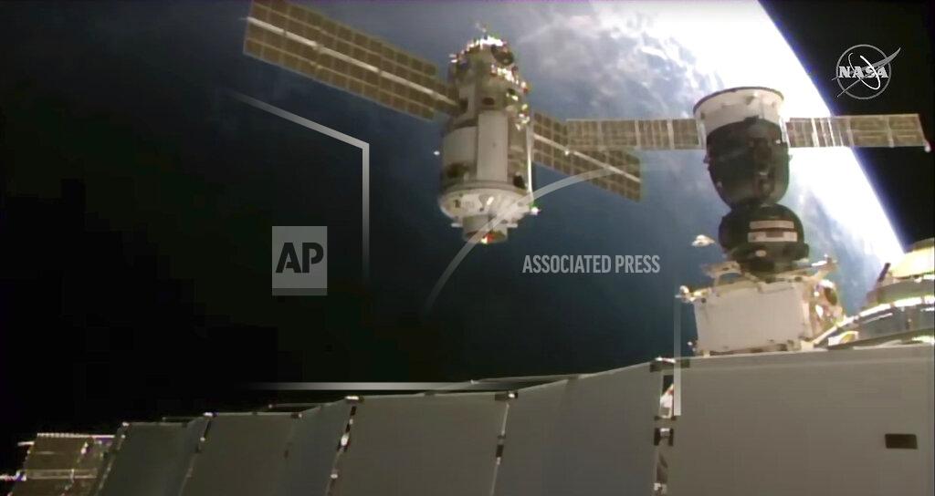 Uncredited This Thursday, July 29, 2021 image provided by NASA shows the 20-metric-ton (22-ton) Nauka module, also called the Multipurpose Laboratory Module as it approaches the International Space Station space station. Russia’s long-delayed lab module successfully docked with the International Space Station on Thursday, eight days after it was launched from the Russian space launch facility in Baikonur, Kazakhstan. (NASA via AP)