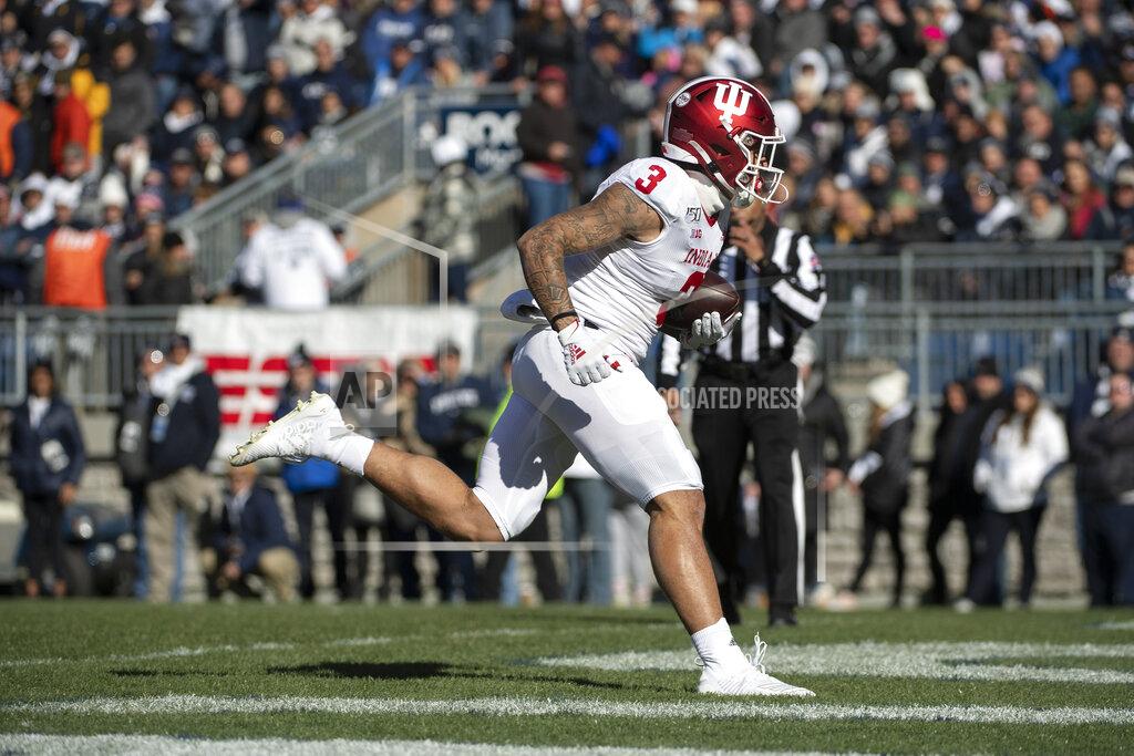 Barry Reeger Indiana wide receiver Ty Fryfogle (3) scores a first quarter touchdown during an NCAA college football game against Penn State in State College, Pa., on Saturday, Nov.16, 2019. (AP Photo/Barry Reeger)