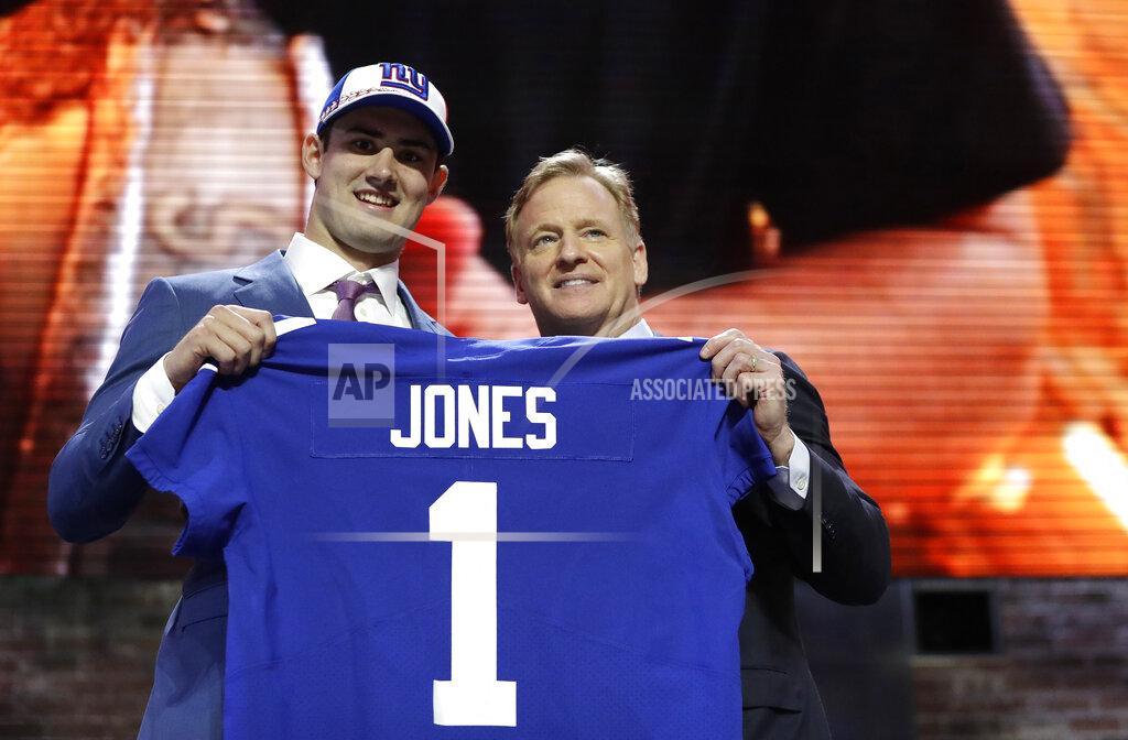 Mark Humphrey Duke quarterback Daniel Jones poses with NFL Commissioner Roger Goodell after the New York Giants selected Jones in the first round at the NFL football draft, Thursday, April 25, 2019, in Nashville, Tenn. (AP Photo/Mark Humphrey)