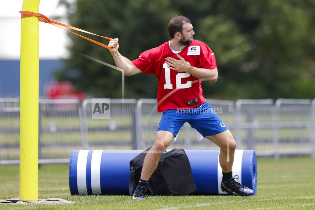 Michael Conroy Indianapolis Colts quarterback Andrew Luck (12) warms up during practice at the NFL team's football training camp in Westfield, Ind., Friday, July 26, 2019. (AP Photo/Michael Conroy)