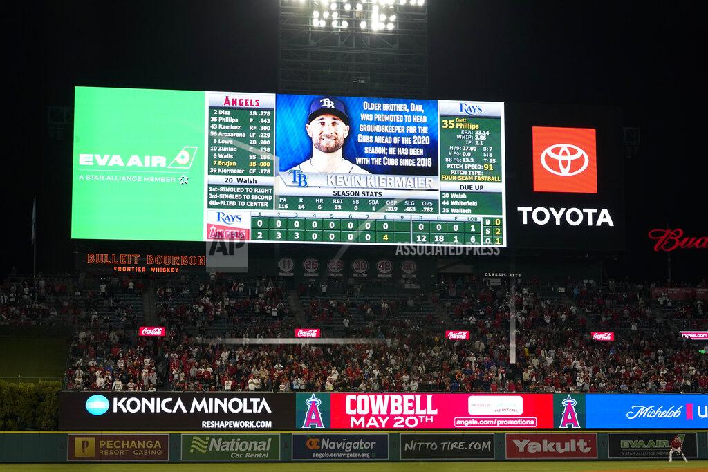 Ashley Landis A scoreboard showing no hits for Los Angeles Angels starting pitcher Reid Detmers (48) is shown during the ninth inning of a baseball game against the Tampa Bay Rays in Anaheim, Calif., Tuesday, May 10, 2022. (AP Photo/Ashley Landis)