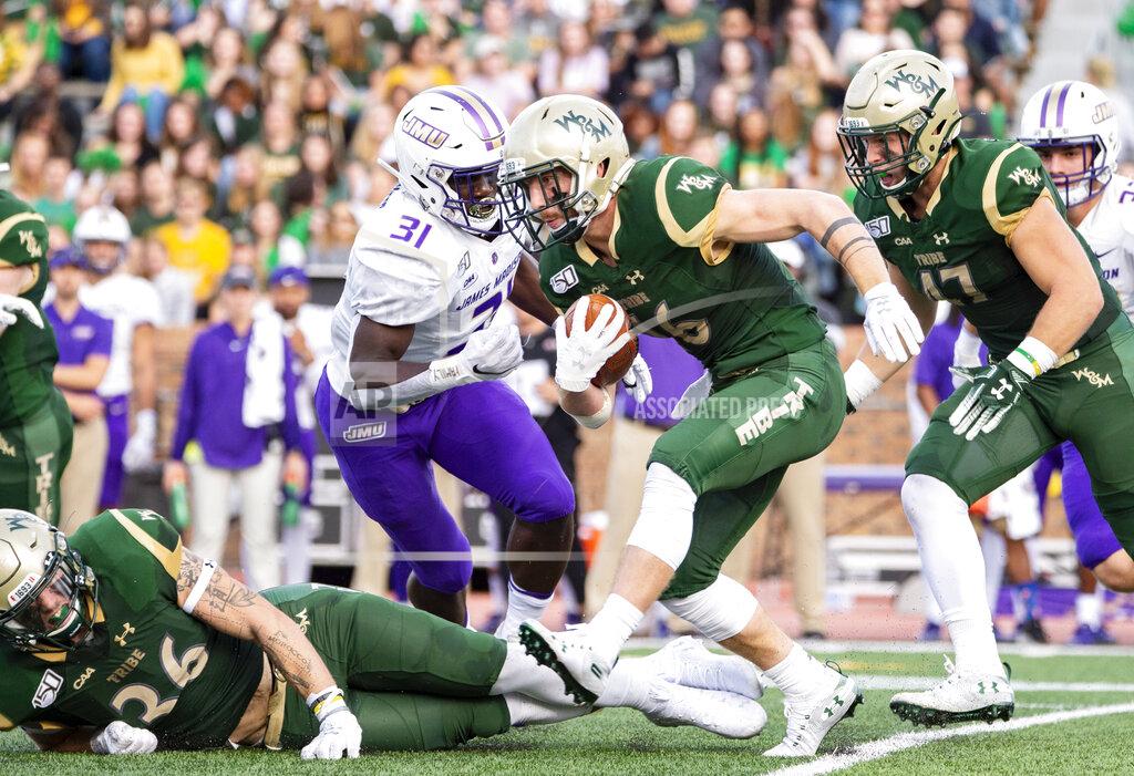 Mike Caudill William & Mary's Bronson Yoder (16) returns a kickoff during the first half of an NCAA college football game in Williamsburg, Va., on Saturday, Oct. 19, 2019. (Mike Caudill/The Virginian-Pilot via AP)