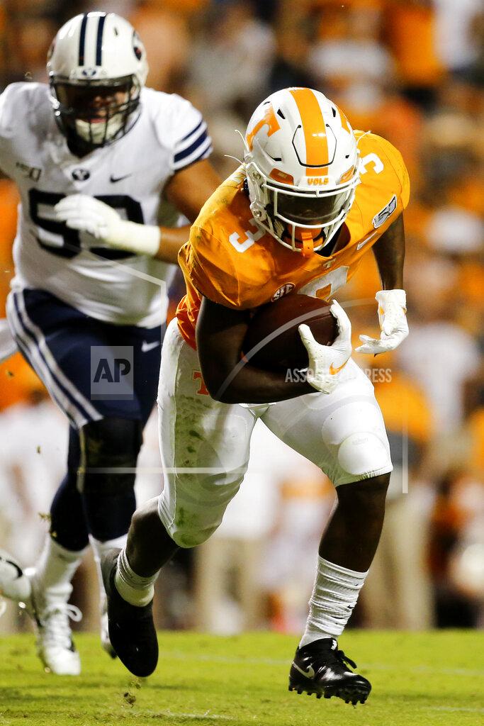 C.b. Schmelter Tennessee running back Eric Gray (3) carries the ball against BYU during a NCAA football game at Neyland Stadium on Saturday, Sept. 7, 2019 in Knoxville, Tenn.(C.B. Schmelter/Chattanooga Times Free Press via AP)