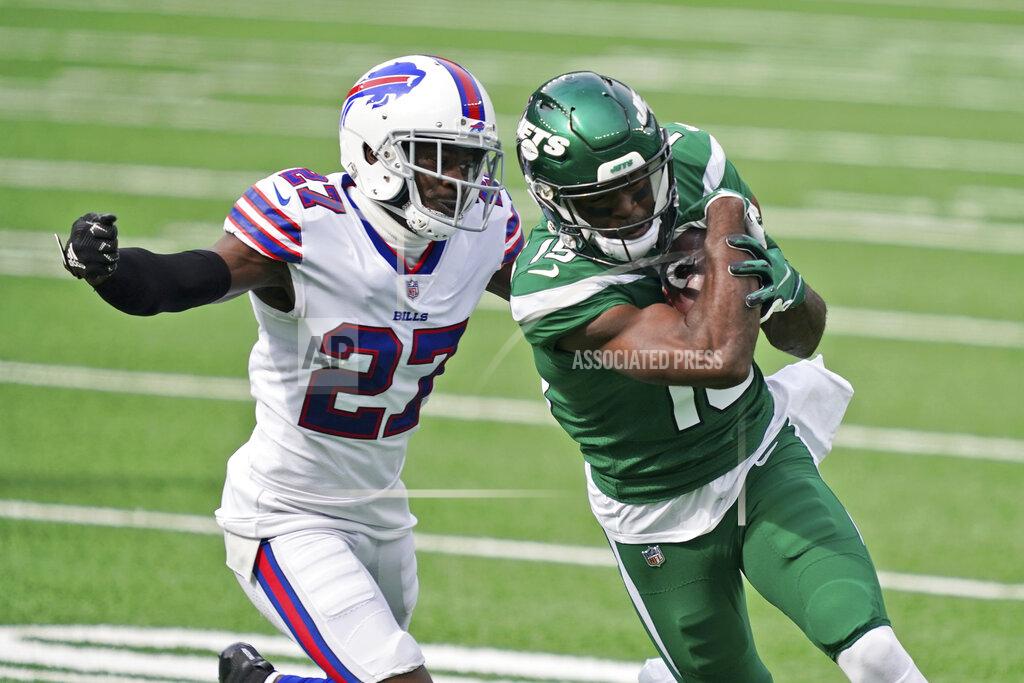 John Minchillo Buffalo Bills' Tre'Davious White, left, chases New York Jets' Chris Hogan during the first half of an NFL football game, Sunday, Oct. 25, 2020, in East Rutherford, N.J. (AP Photo/John Minchillo)