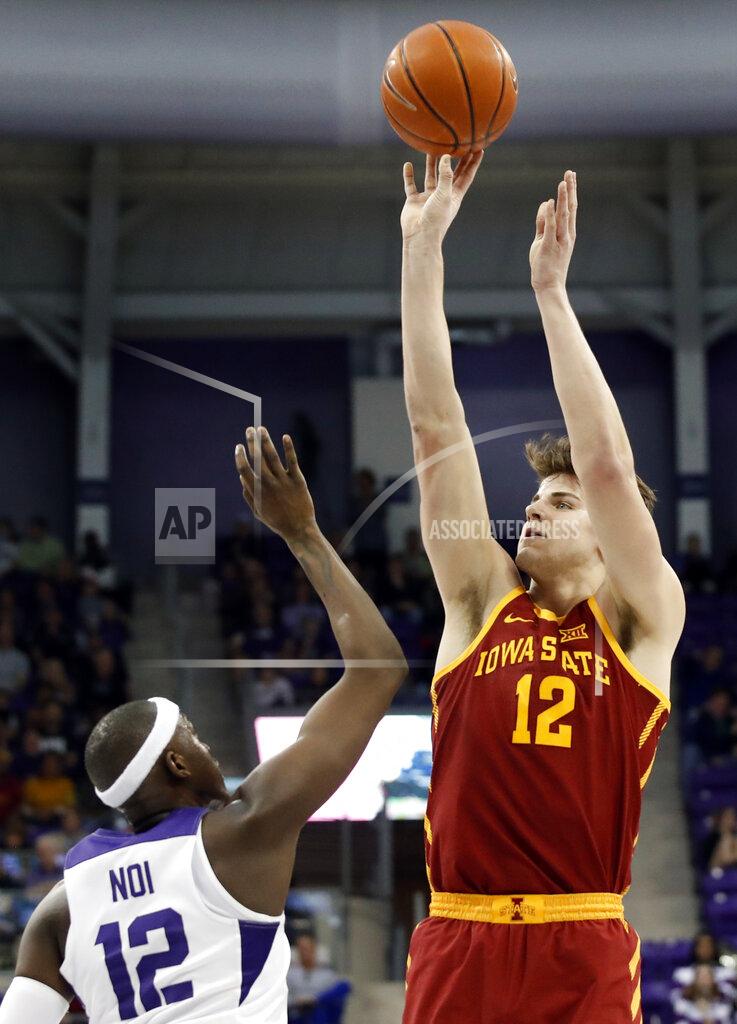 Tony Gutierrez TCU forward Kouat Noi of Australia defends against a shot by Iowa State forward Michael Jacobson (12) in the first half of an NCAA college basketball game in Fort Worth, Texas, Saturday, Feb. 23, 2019. Jacobson lead his team in scoring with 17 points in the 75-72 loss to TCU. (AP Photo/Tony Gutierrez)