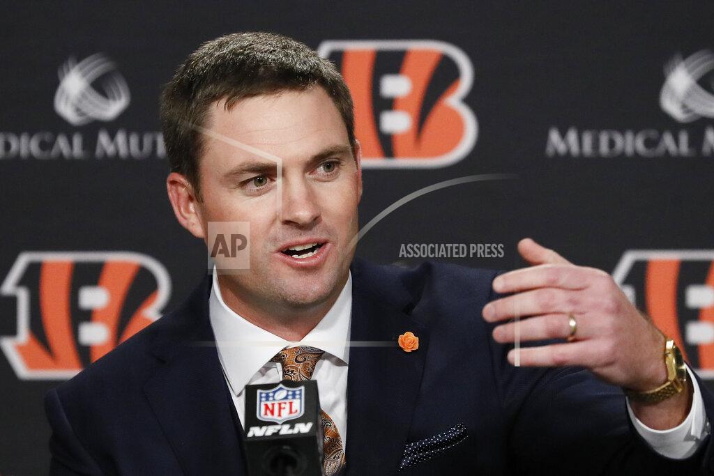 John Minchillo Cincinnati Bengals football head coach Zac Taylor speaks during a news conference, Tuesday, Feb. 5, 2019, in Cincinnati. After 16 years without a playoff win under Marvin Lewis, the Bengals decided to try something different. But they had to wait more than a month before hiring Zac Taylor as their next coach in hopes of ending a long streak of futility. (AP Photo/John Minchillo)